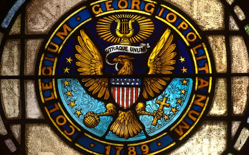 Georgetown University seal in stained glass