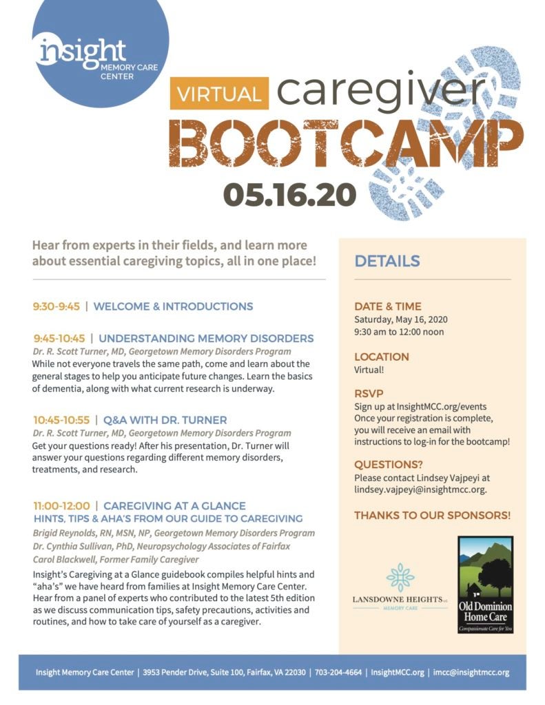 Virtual caregiver bootcamp flyer. Call 703 204 4664 for details. May 16.